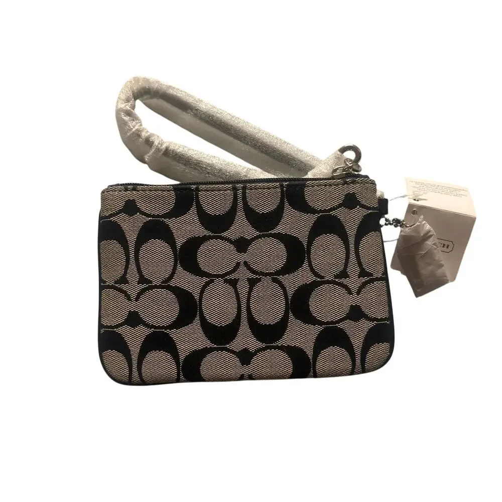 NEW Coach F49174 Signature Canvas Small Wristlet Black White Top Zip with Stripe